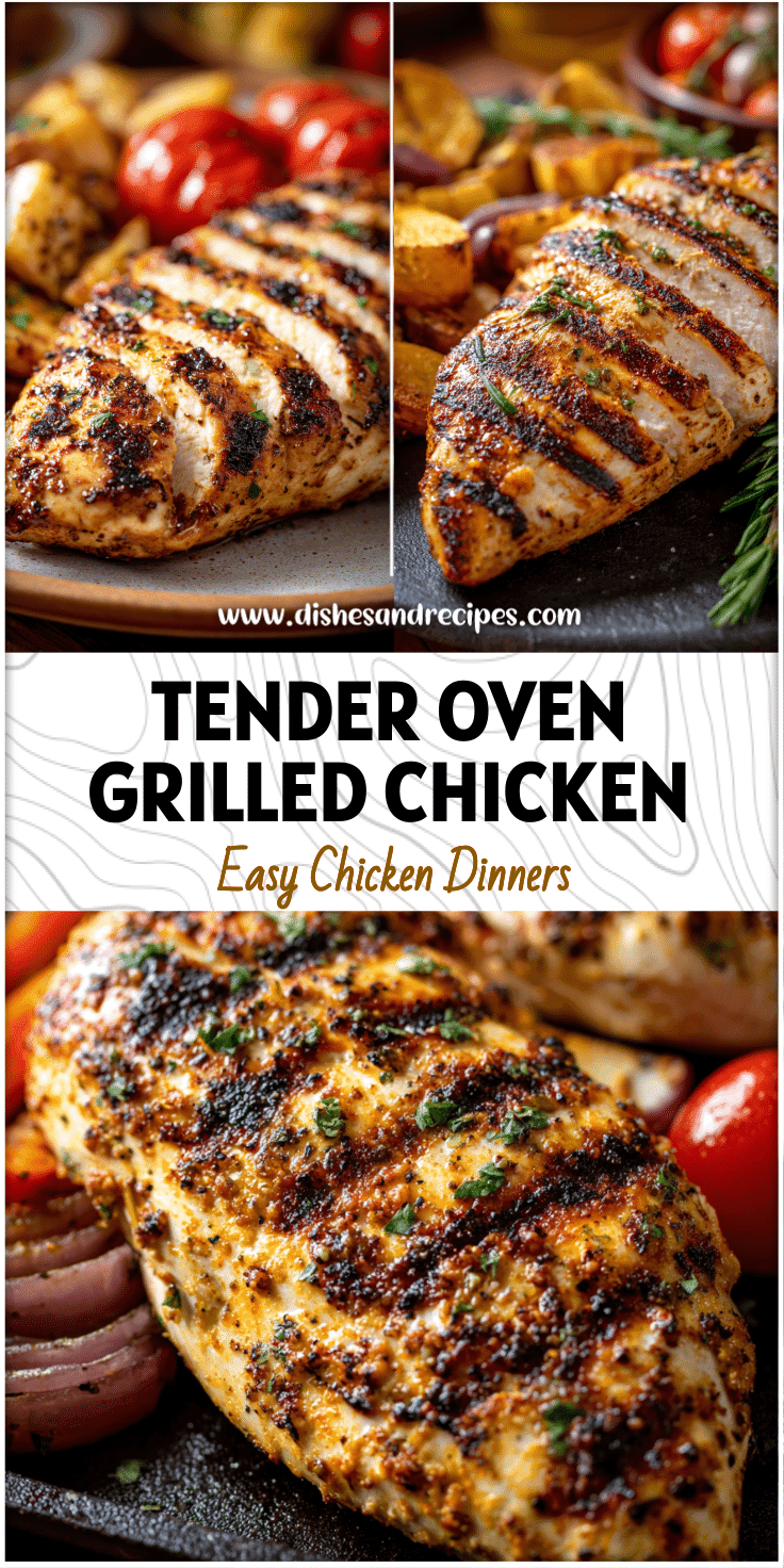 Tender baked chicken breast with golden grill marks served with roasted veggies.